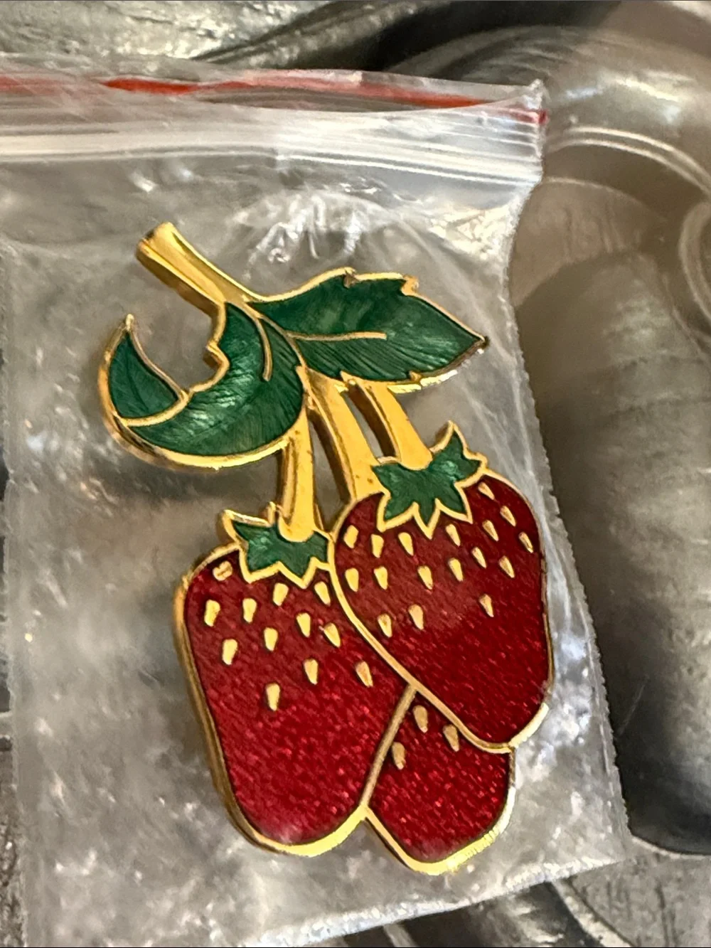 Vintage Triple Strawberries Fish & Crown Strawberry Enamel Pin Red & Green